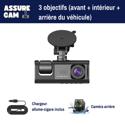 Dashcam Assure Cam : Caméra de tableau de bord à 3 objectifs, qualité HD 1080P, enregistreur vidéo avec 16Go de mémoire