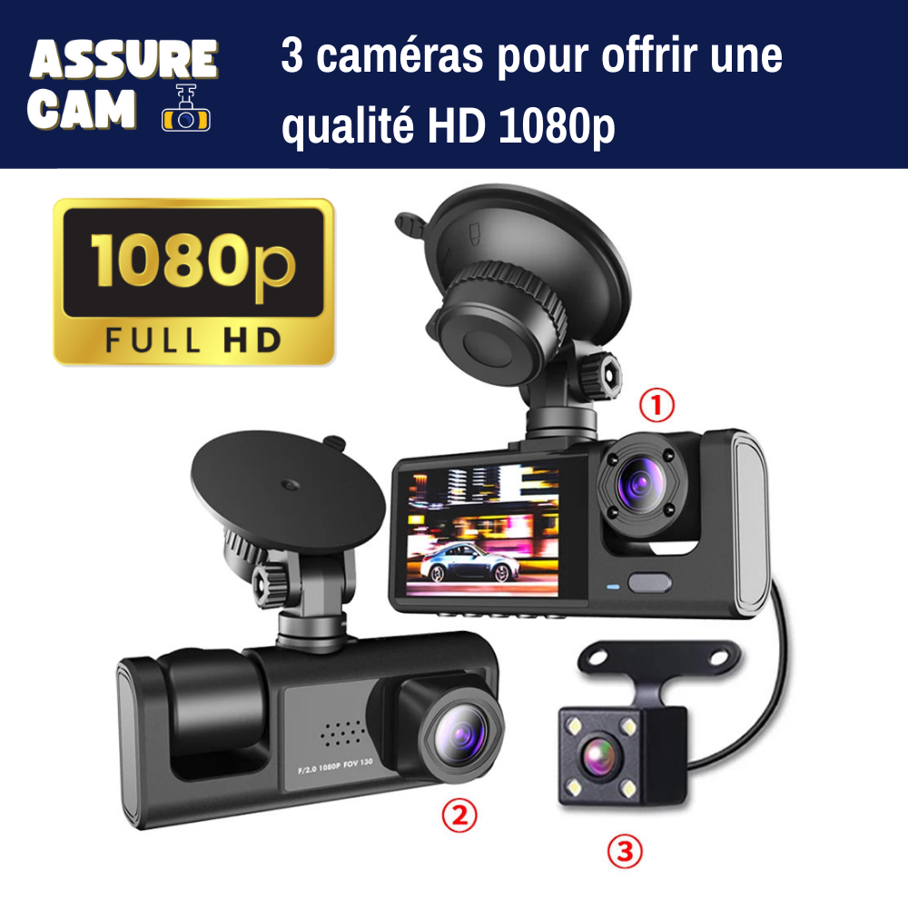 Dashcam Assure Cam : Caméra de tableau de bord à 3 objectifs, qualité HD 1080P, enregistreur vidéo avec 16Go de mémoire