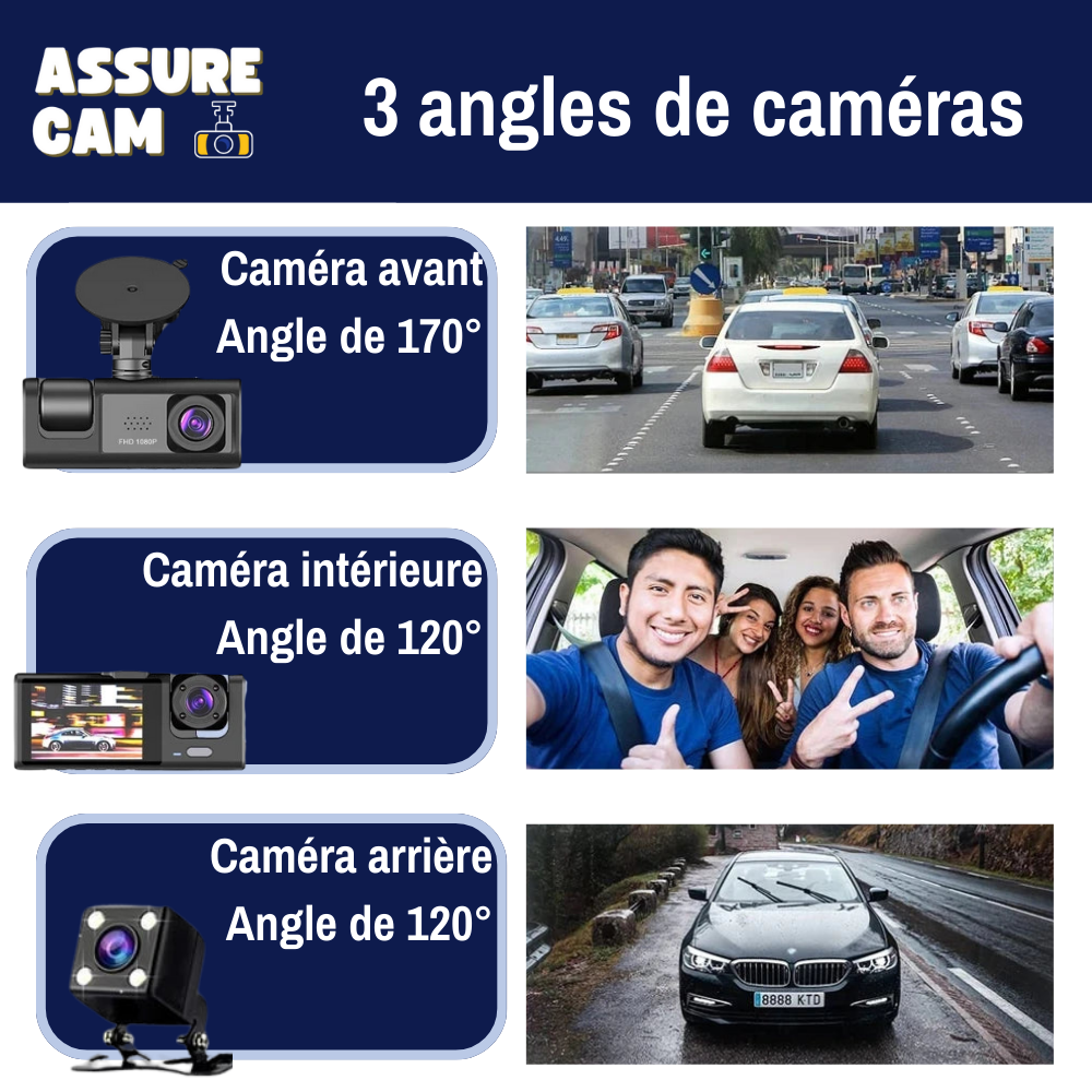 Dashcam Assure Cam : Caméra de tableau de bord à 3 objectifs, qualité HD 1080P, enregistreur vidéo avec 16Go de mémoire